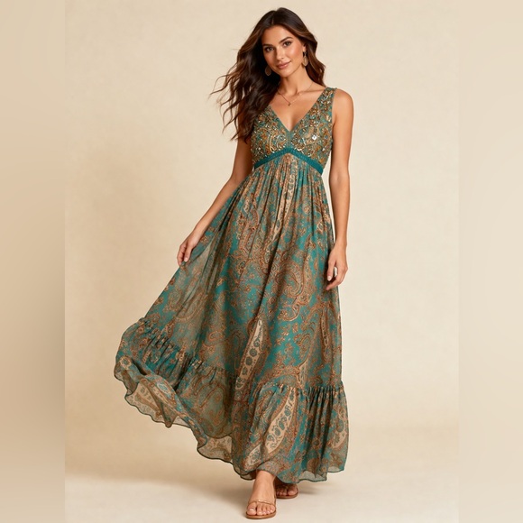 Anthropologie Ranna Gill Beaded Paisley Maxi Dress Teal Whimsigoth Boho Sz 0(XS)